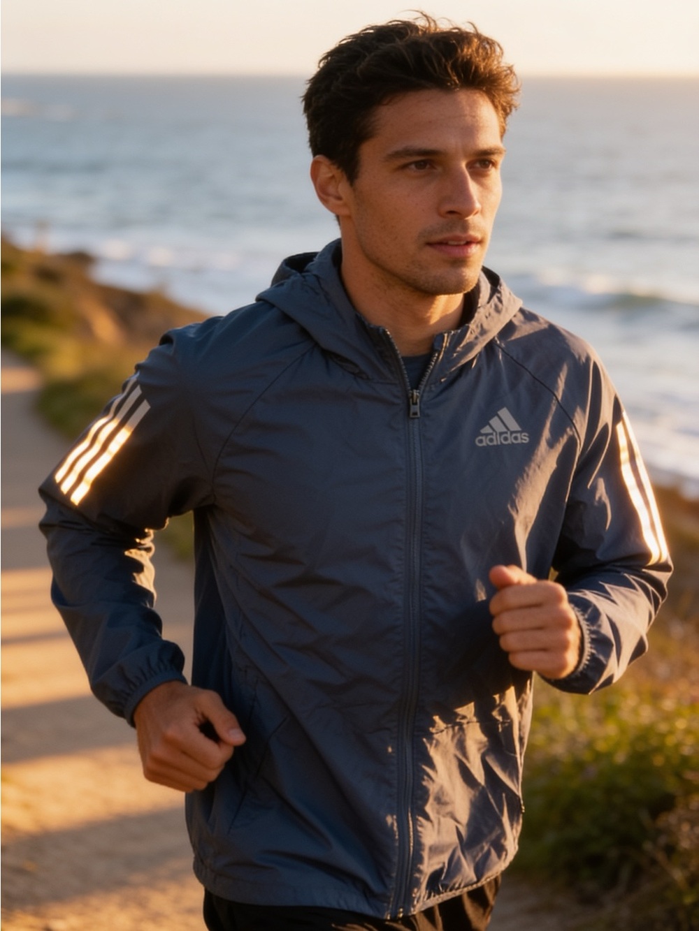 adidas Gray Blue Windbreaker Jacket with Reflective Stripes